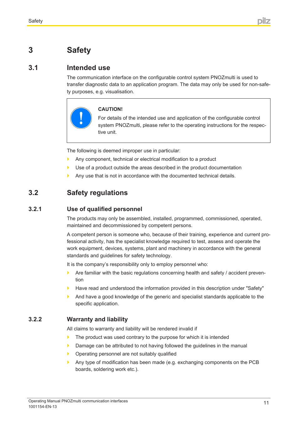 3 safety, 1 intended use, 2 safety regulations | 1 use of qualified personnel, 2 warranty and liability, Section 3, Safety, Intended use, Safety regulations, Use of qualified personnel | Pilz PNOZ mm0p 24VDC User Manual | Page 11 / 176