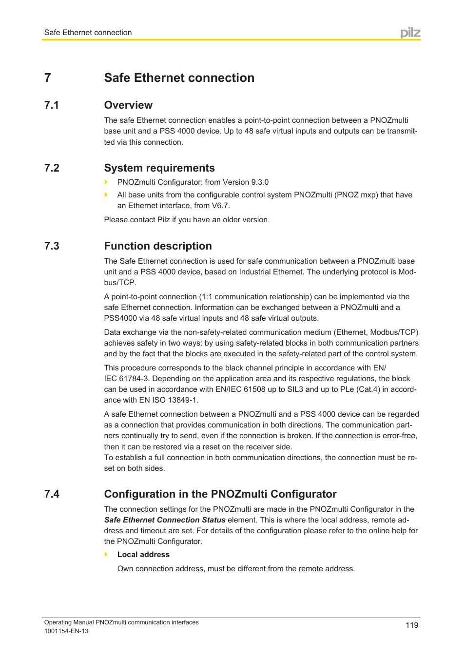 7 safe ethernet connection, 1 overview, 2 system requirements | 3 function description, 4 configuration in the pnozmulti configurator, Section 7, Safe ethernet connection, Overview, System requirements, Function description | Pilz PNOZ mm0p 24VDC User Manual | Page 119 / 176