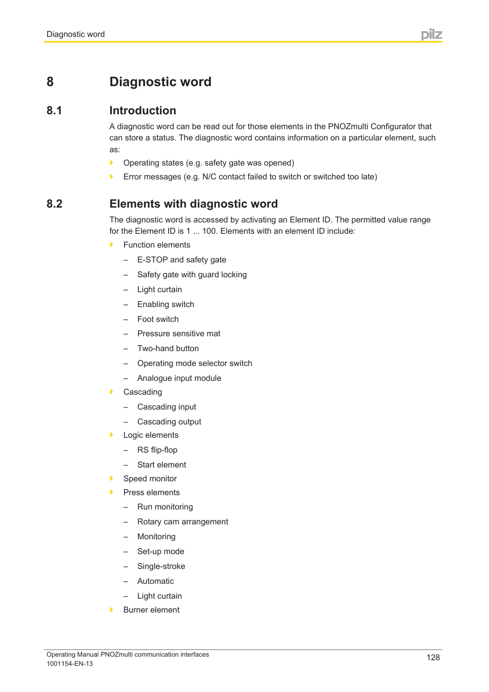 8 diagnostic word, 1 introduction, 2 elements with diagnostic word | Section 8, Diagnostic word, Introduction, Elements with diagnostic word, Diag, Nostic word, And the online | Pilz PNOZ mm0p 24VDC User Manual | Page 128 / 176