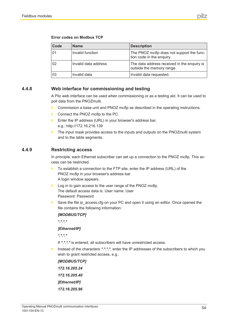 8 web interface for commissioning and testing, 9 restricting access, Web interface for commissioning and testing | Restricting access | Pilz PNOZ mm0p 24VDC User Manual | Page 54 / 176