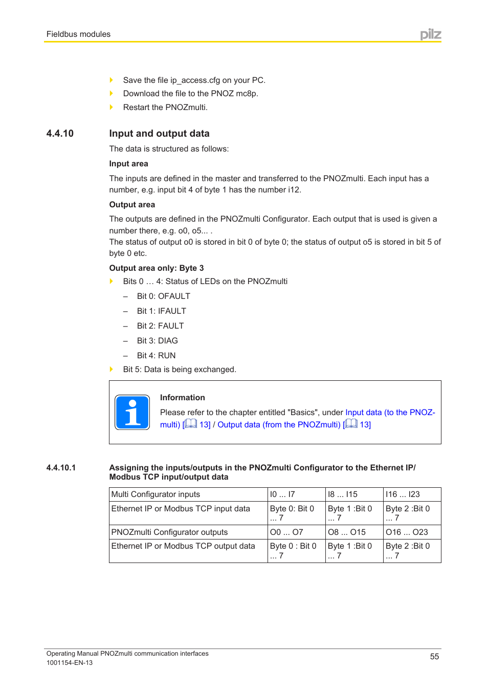 10 input and output data, Input and output data, Net ip/modbus tcp input/output data | Pilz PNOZ mm0p 24VDC User Manual | Page 55 / 176