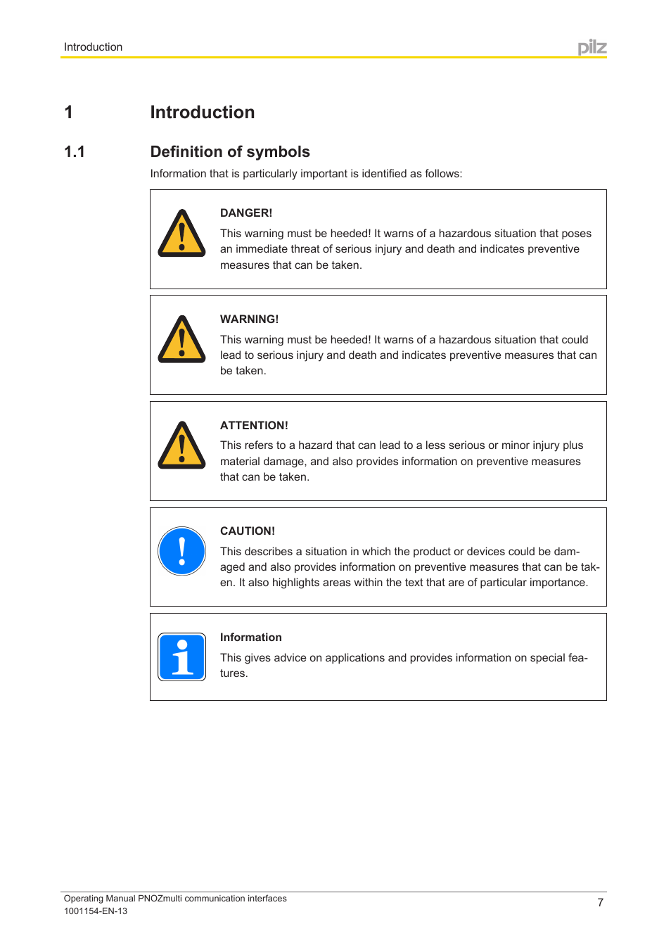 1 introduction, 1 definition of symbols, Section 1 | Introduction, Definition of symbols | Pilz PNOZ mm0p 24VDC User Manual | Page 7 / 176