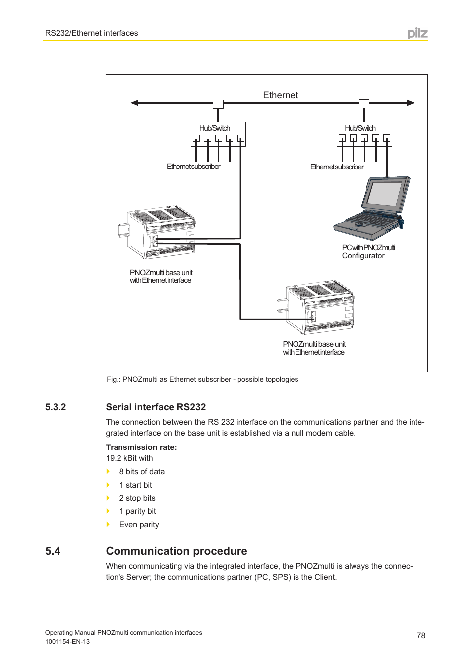 2 serial interface rs232, 4 communication procedure, Serial interface rs232 | Communication procedure | Pilz PNOZ mm0p 24VDC User Manual | Page 78 / 176