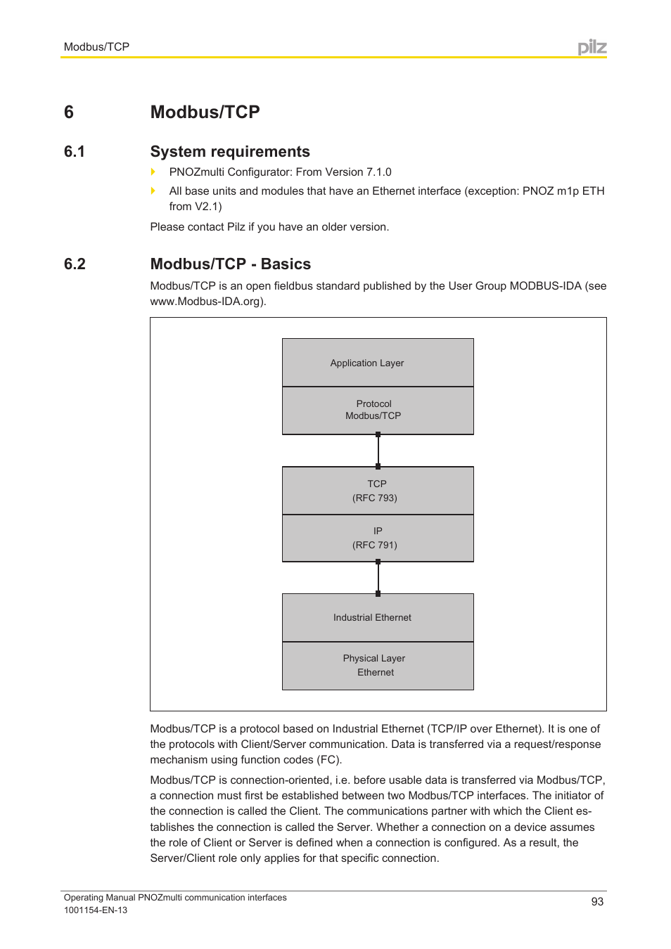 6 modbus/tcp, 1 system requirements, 2 modbus/tcp - basics | Section 6, Modbus/tcp, System requirements, Modbus/tcp - basics | Pilz PNOZ mm0p 24VDC User Manual | Page 93 / 176