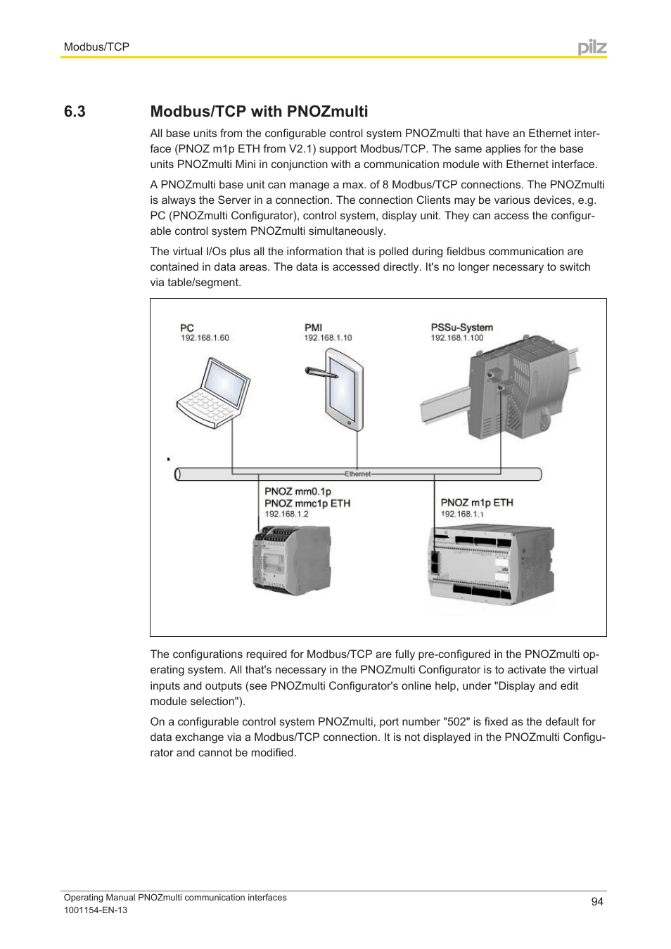 3 modbus/tcp with pnozmulti, Modbus/tcp with pnozmulti | Pilz PNOZ mm0p 24VDC User Manual | Page 94 / 176