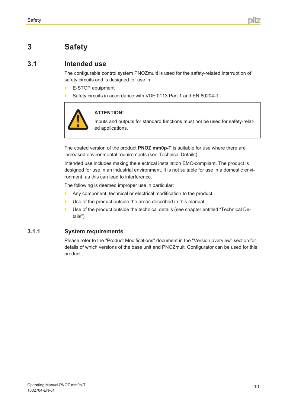 3 safety, 1 intended use, 1 system requirements | Section 3, Safety, Intended use, System requirements | Pilz PNOZ mm0p-T User Manual | Page 10 / 29