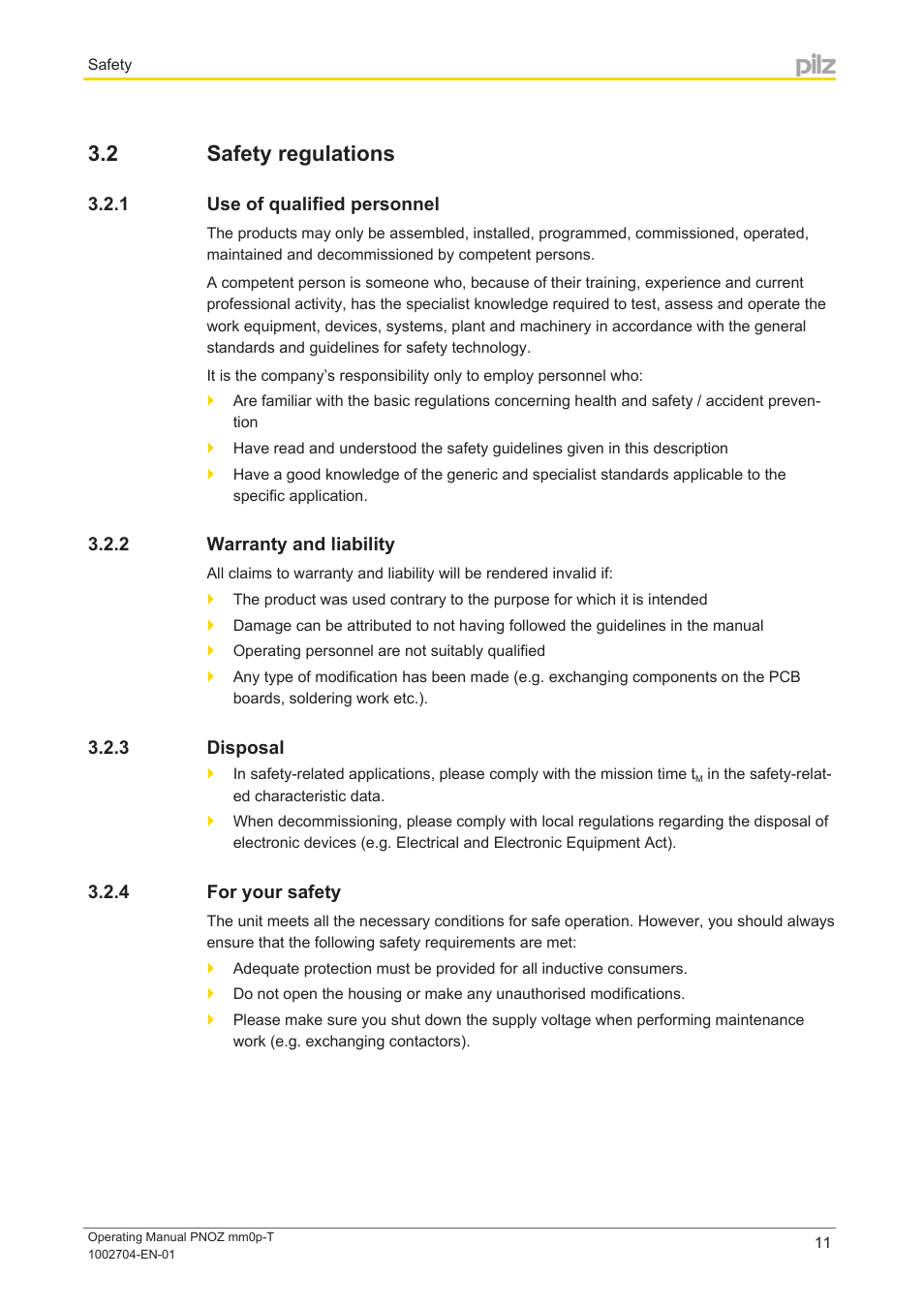 2 safety regulations, 1 use of qualified personnel, 2 warranty and liability | 3 disposal, 4 for your safety, Safety regulations, Use of qualified personnel, Warranty and liability, Disposal, For your safety | Pilz PNOZ mm0p-T User Manual | Page 11 / 29