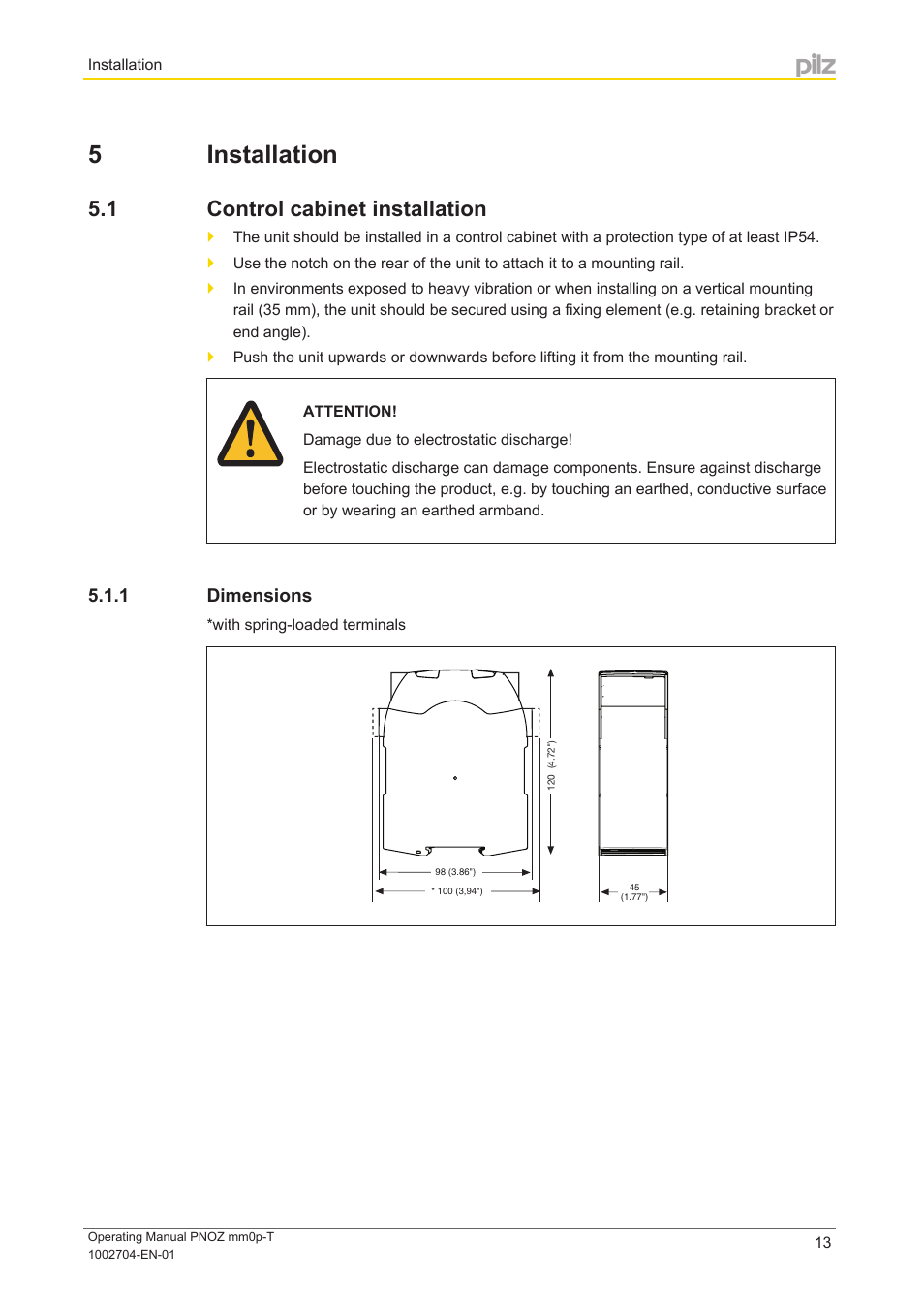 5 installation, 1 control cabinet installation, 1 dimensions | Section 5, Installation, Control cabinet installation, Dimensions | Pilz PNOZ mm0p-T User Manual | Page 13 / 29