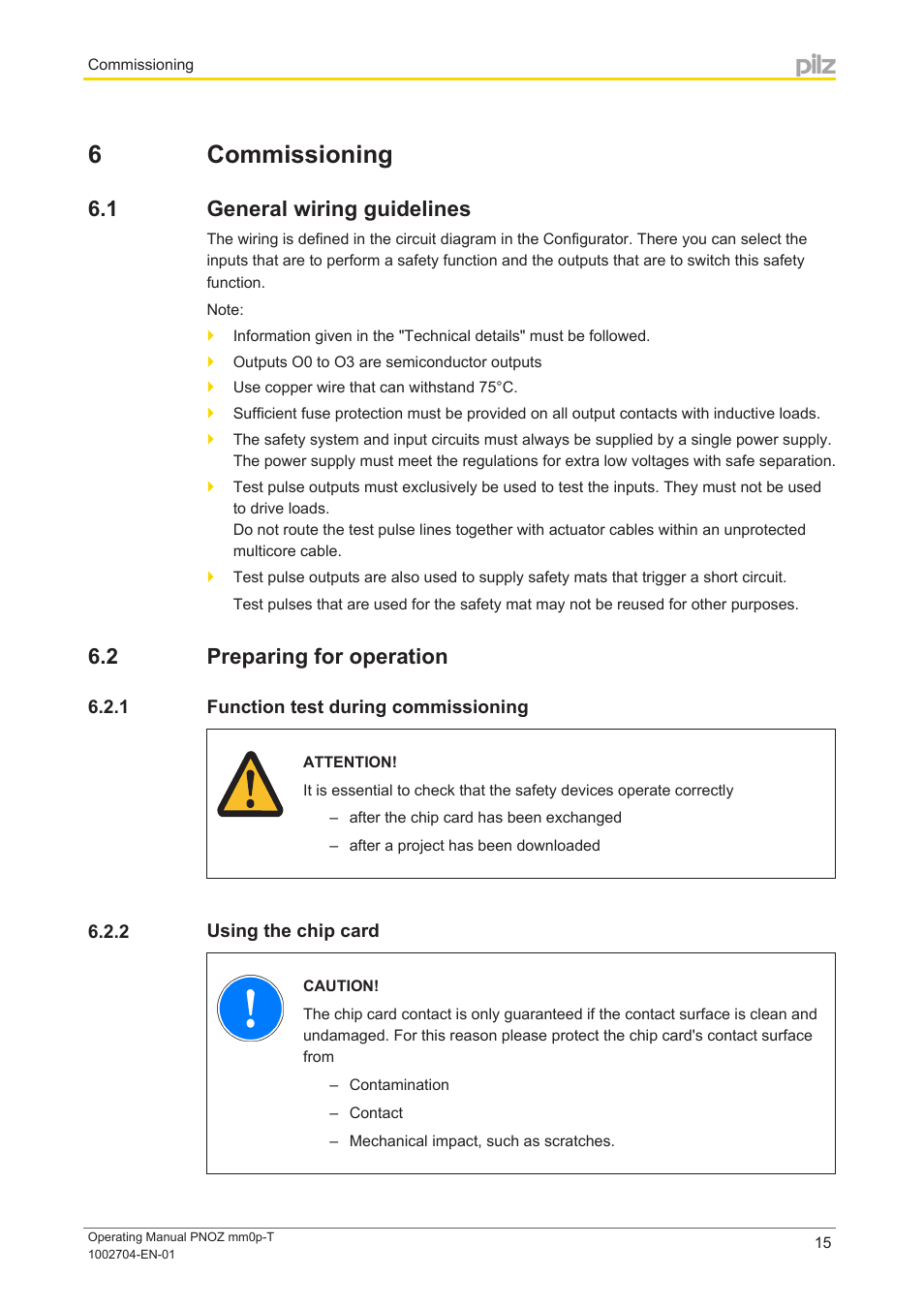6 commissioning, 1 general wiring guidelines, 2 preparing for operation | 1 function test during commissioning, 2 using the chip card, Section 6, Commissioning, General wiring guidelines, Preparing for operation, Function test during commissioning | Pilz PNOZ mm0p-T User Manual | Page 15 / 29
