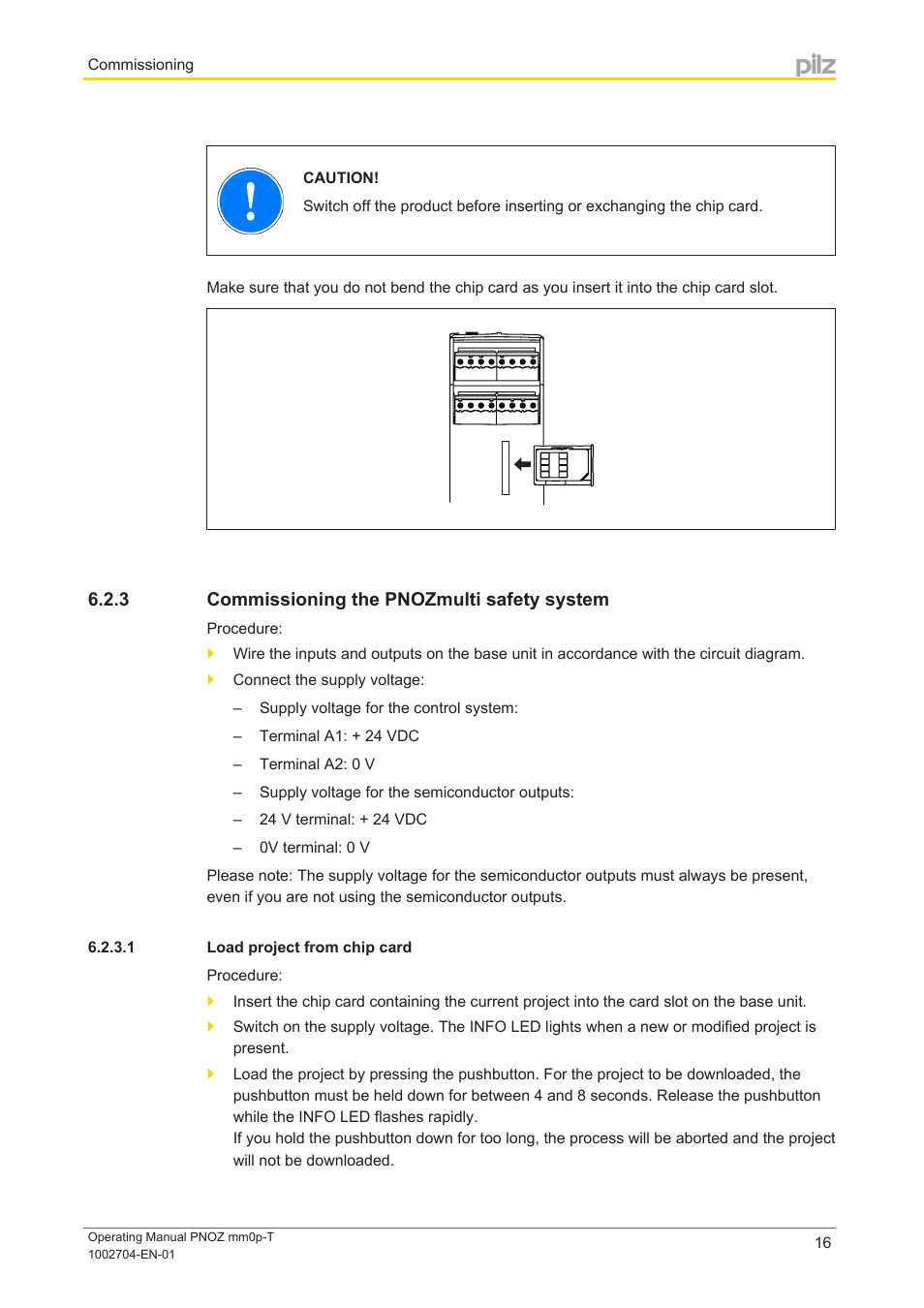 3 commissioning the pnozmulti safety system, 1 load project from chip card, Commissioning the pnozmulti safety system | Pilz PNOZ mm0p-T User Manual | Page 16 / 29