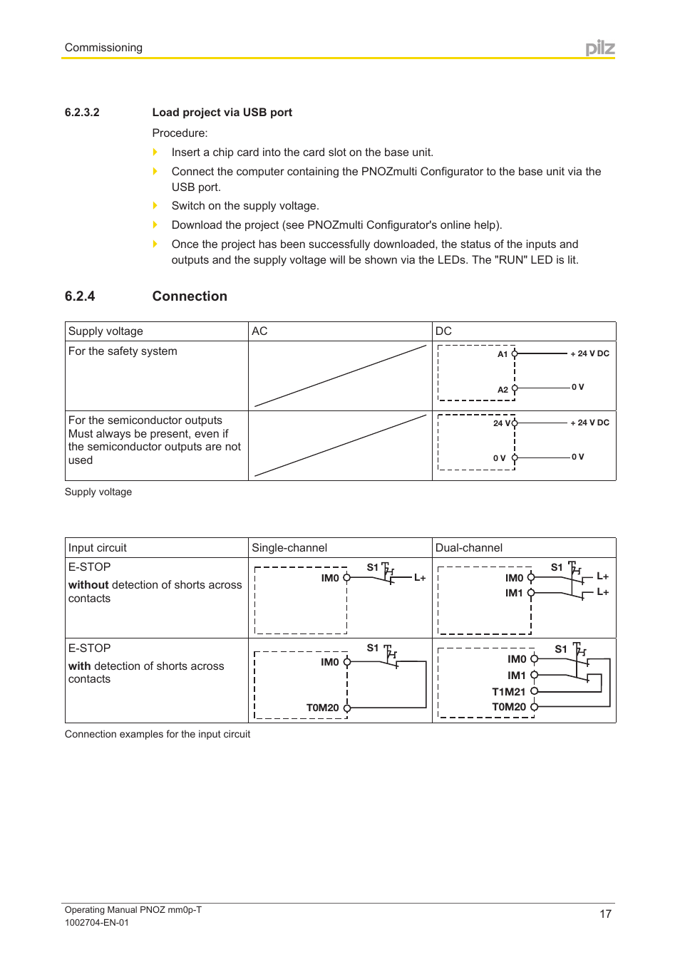2 load project via usb port, 4 connection, Connection | Pilz PNOZ mm0p-T User Manual | Page 17 / 29