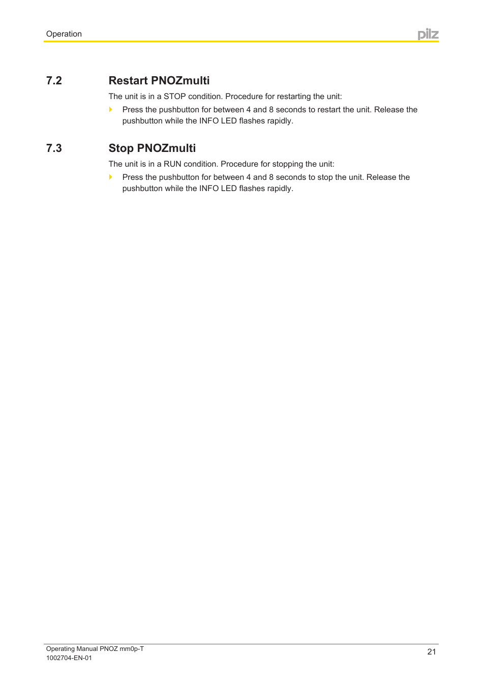 2 restart pnozmulti, 3 stop pnozmulti, Restart pnozmulti | Stop pnozmulti | Pilz PNOZ mm0p-T User Manual | Page 21 / 29