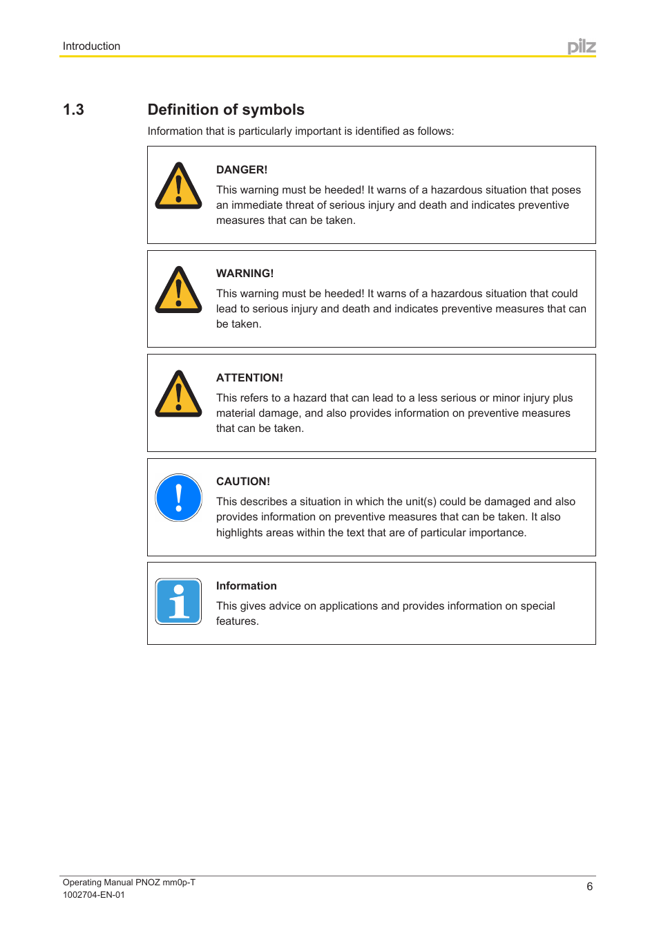 3 definition of symbols, Definition of symbols | Pilz PNOZ mm0p-T User Manual | Page 6 / 29