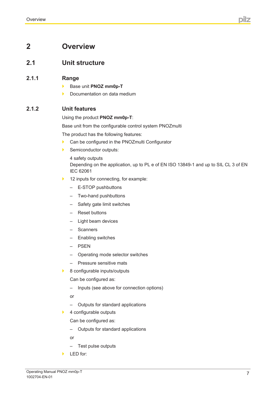 2 overview, 1 unit structure, 1 range | 2 unit features, Section 2, Overview, Unit structure, Range, Unit features | Pilz PNOZ mm0p-T User Manual | Page 7 / 29