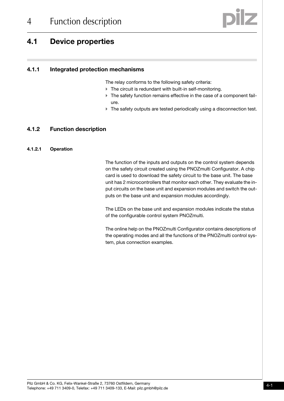 4 function description, Device properties, 1 integrated protection mechanisms | 2 function description, 1 operation, 4function description, 1 device properties | Pilz PNOZ mm0.2p User Manual | Page 17 / 51