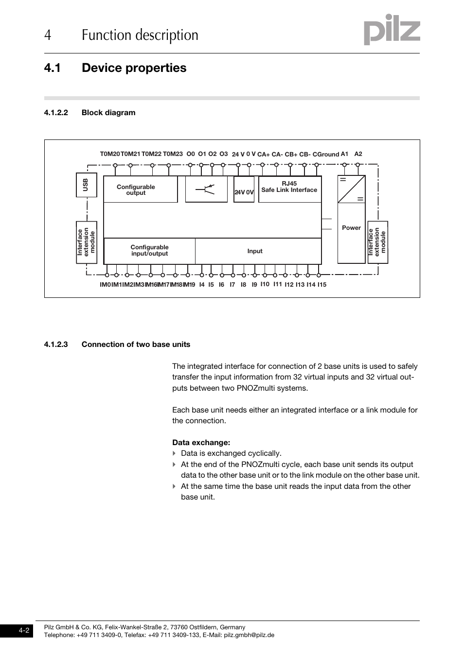 2 block diagram, 3 connection of two base units, 4function description | 1 device properties | Pilz PNOZ mm0.2p User Manual | Page 18 / 51