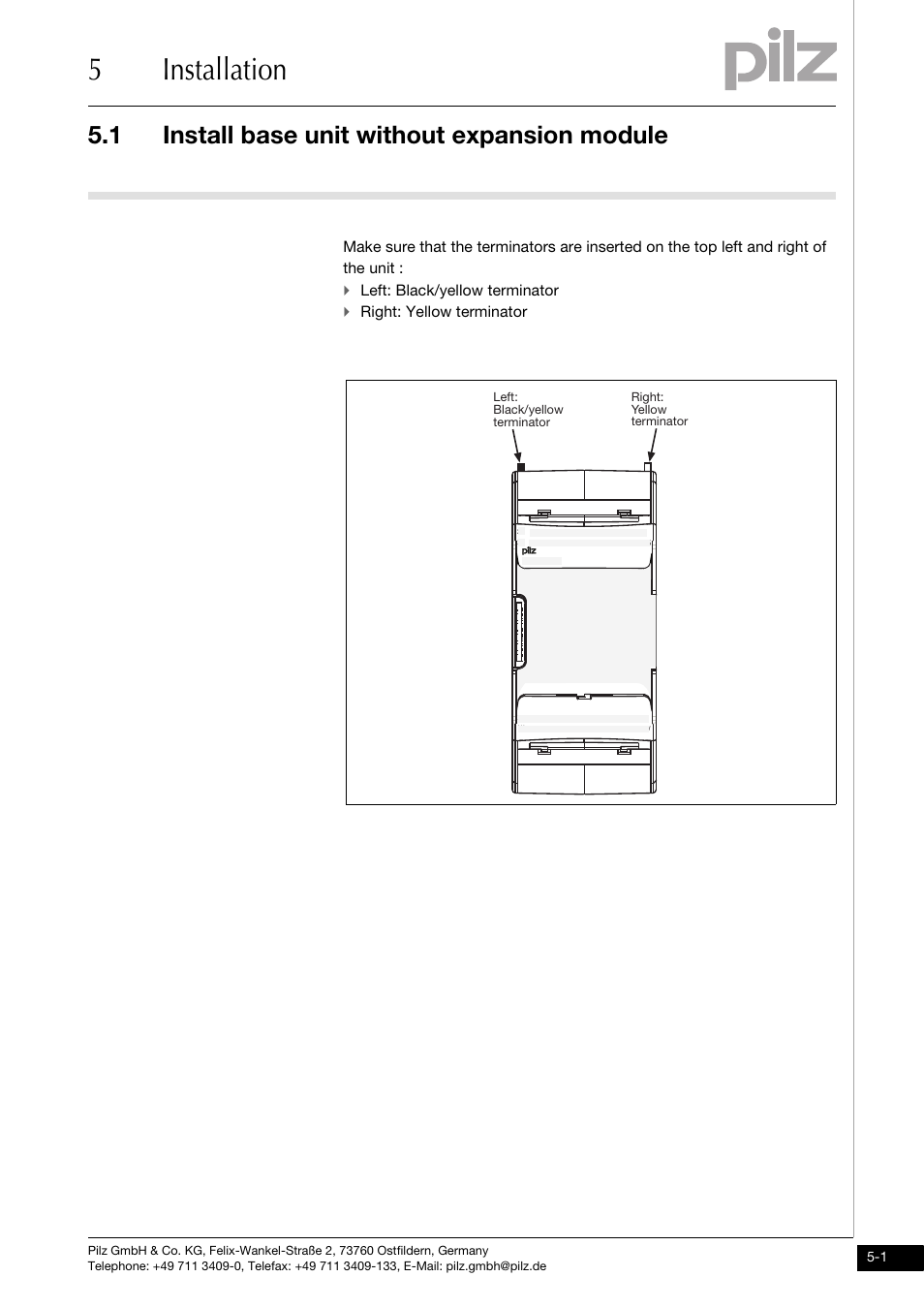 5 installation, Install base unit without expansion module, 5installation | 1 install base unit without expansion module, Left: black/yellow terminator, Right: yellow terminator | Pilz PNOZ mm0.2p User Manual | Page 21 / 51