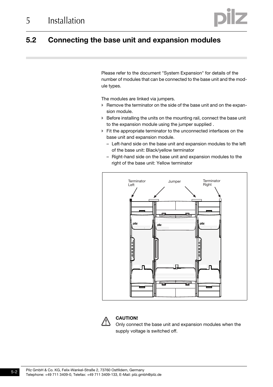 Connecting the base unit and expansion modules, 5installation, 2 connecting the base unit and expansion modules | The modules are linked via jumpers | Pilz PNOZ mm0.2p User Manual | Page 22 / 51