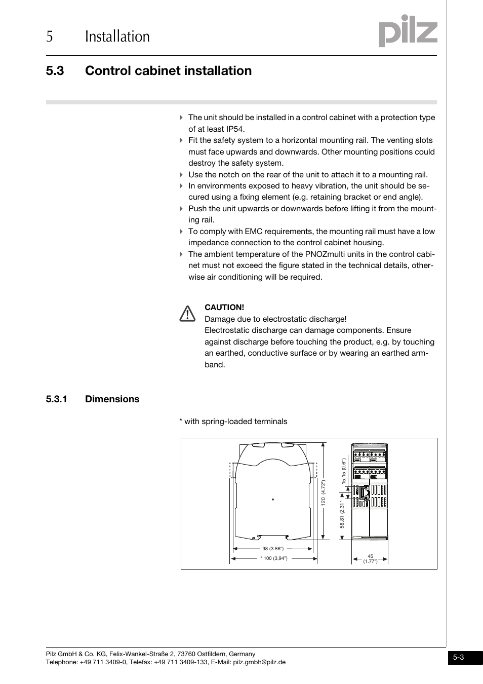 Control cabinet installation, 1 dimensions, 5installation | 3 control cabinet installation | Pilz PNOZ mm0.2p User Manual | Page 23 / 51