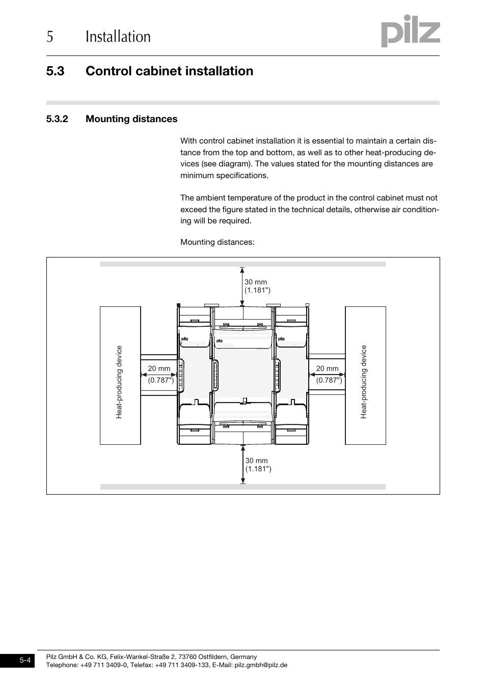 2 mounting distances, 5installation, 3 control cabinet installation | Heat-producing device | Pilz PNOZ mm0.2p User Manual | Page 24 / 51