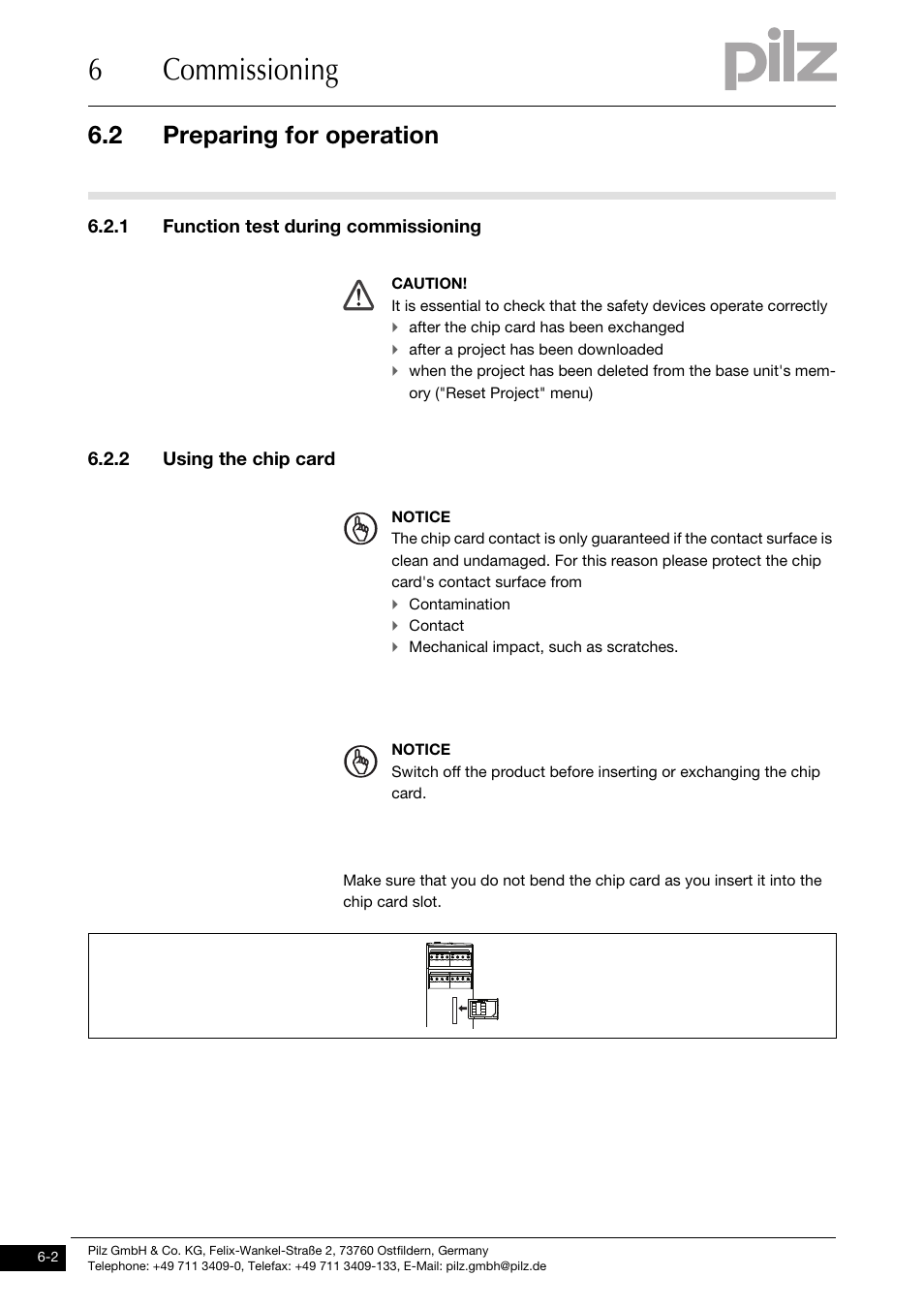 Preparing for operation, 1 function test during commissioning, 2 using the chip card | 6commissioning, 2 preparing for operation | Pilz PNOZ mm0.2p User Manual | Page 26 / 51