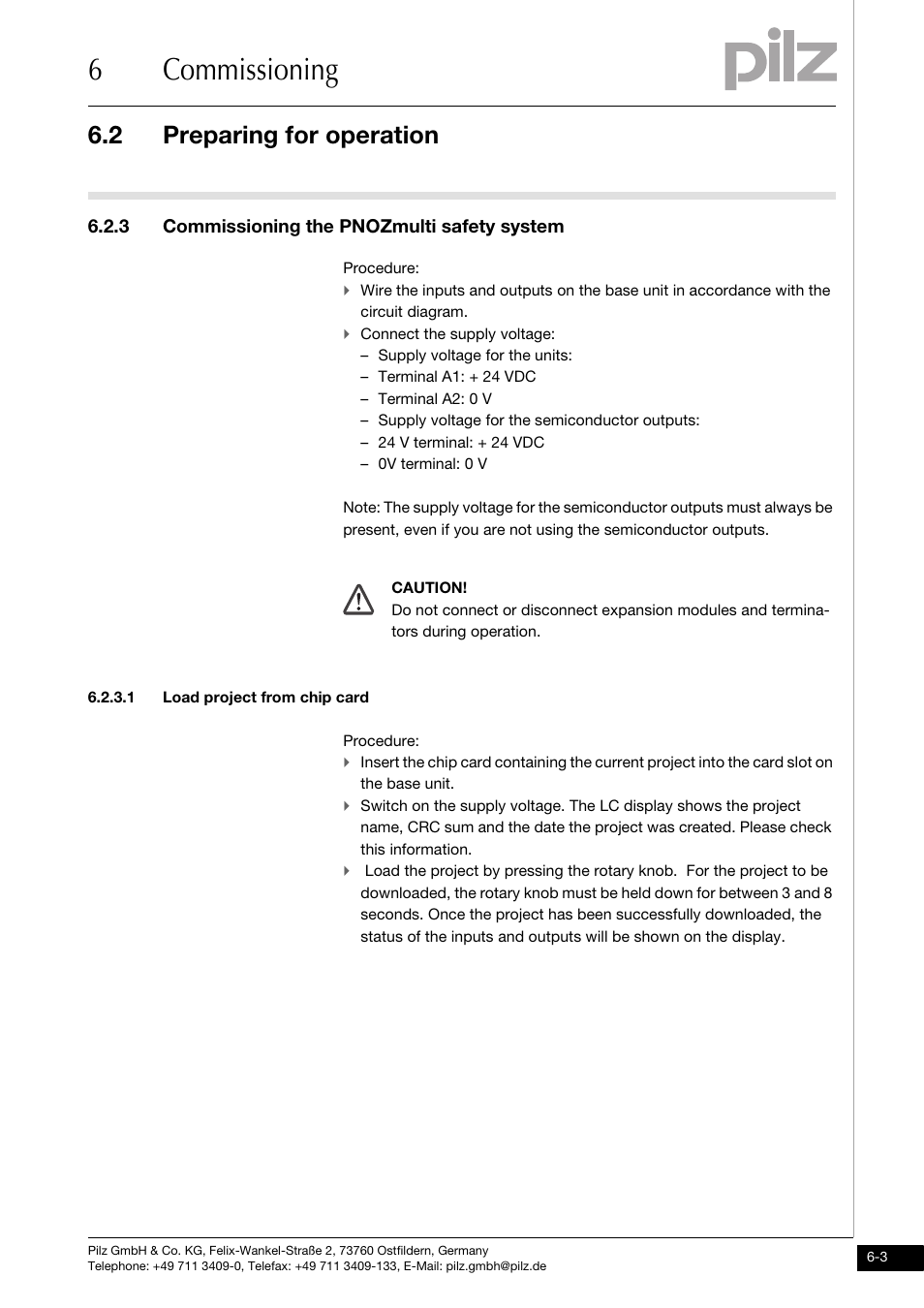 3 commissioning the pnozmulti safety system, 1 load project from chip card, 6commissioning | 2 preparing for operation | Pilz PNOZ mm0.2p User Manual | Page 27 / 51