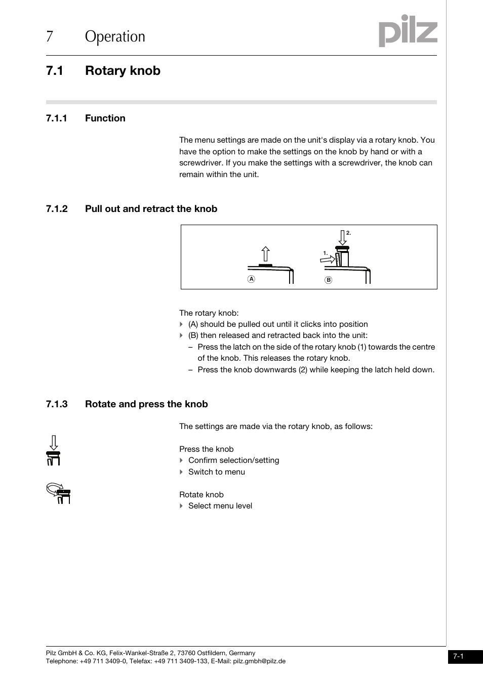 7 operation, Rotary knob, 1 function | 2 pull out and retract the knob, 3 rotate and press the knob, 7operation, 1 rotary knob | Pilz PNOZ mm0.2p User Manual | Page 37 / 51