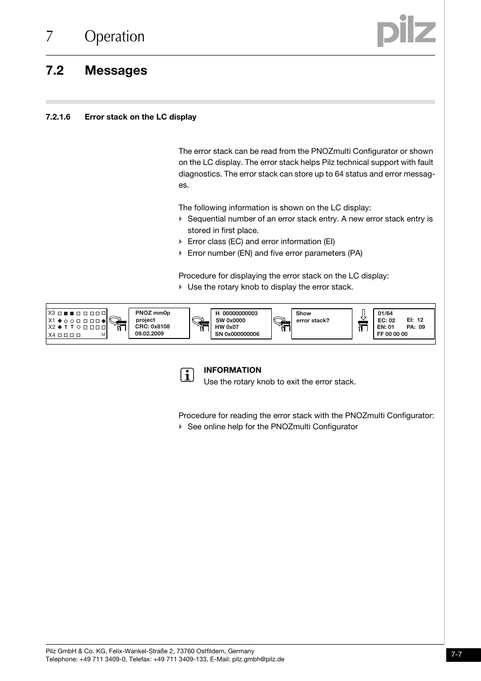 6 error stack on the lc display, 7operation, 2 messages | Pilz PNOZ mm0.2p User Manual | Page 43 / 51