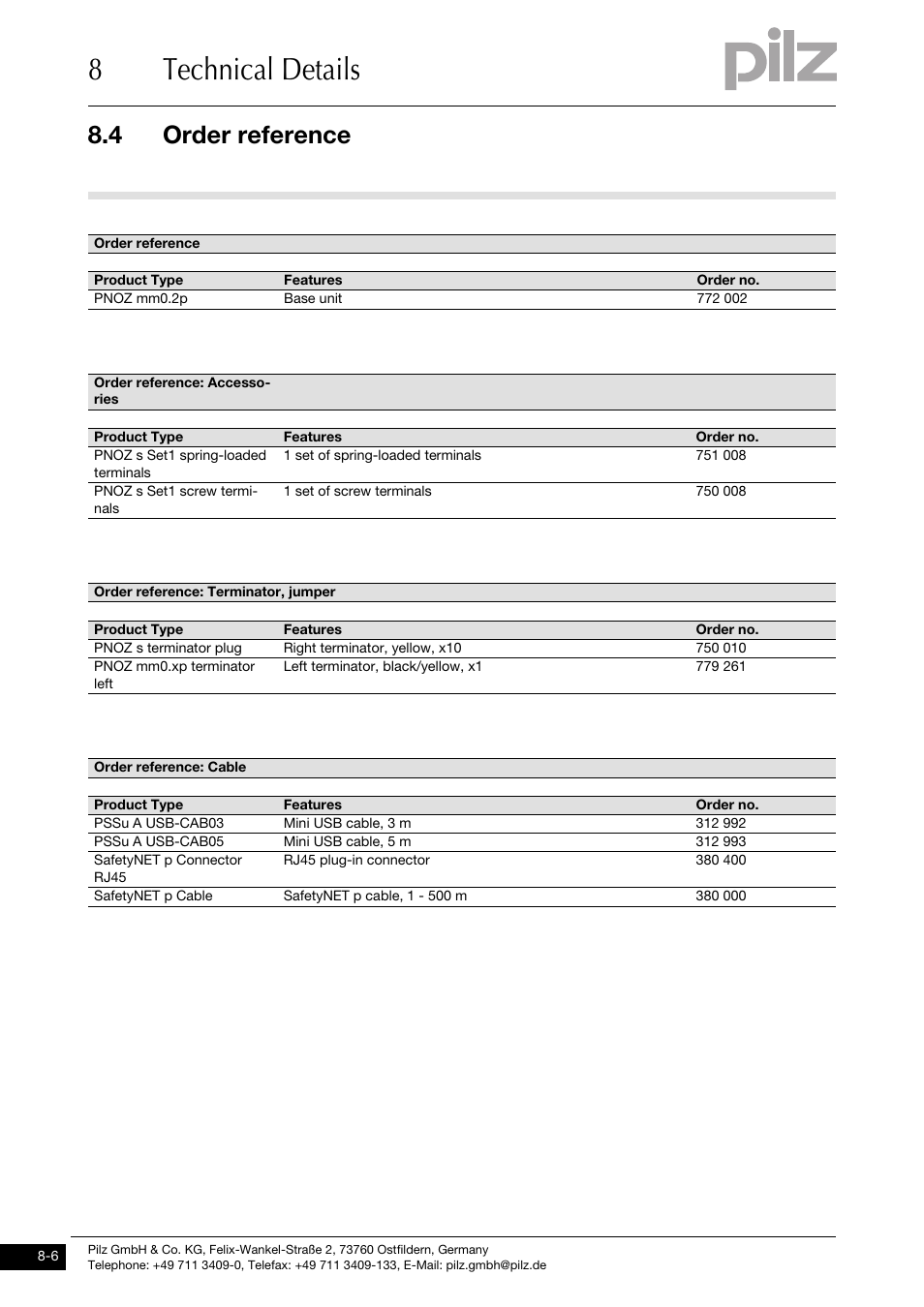 Order reference, 8technical details, 4 order reference | Pilz PNOZ mm0.2p User Manual | Page 50 / 51