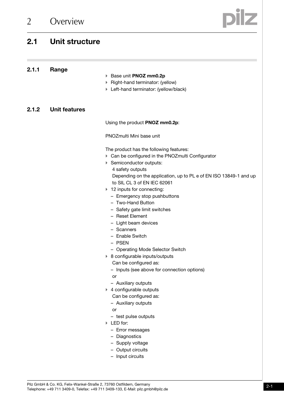 2 overview, Unit structure, 1 range | 2 unit features, 2overview, 1 unit structure | Pilz PNOZ mm0.2p User Manual | Page 9 / 51