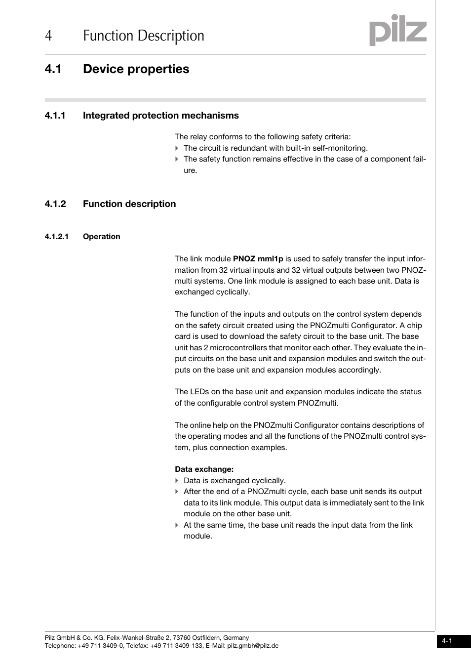 Function description, Device properties, 1 integrated protection mechanisms | 2 function description, 1 operation, 4function description, 1 device properties | Pilz PNOZ mml1p User Manual | Page 15 / 34