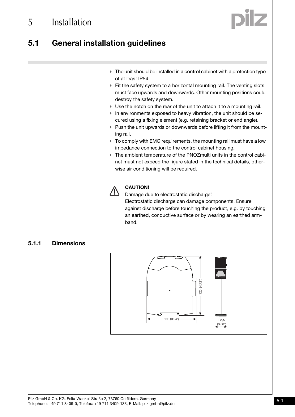 Installation, General installation guidelines, 1 dimensions | 5installation, 1 general installation guidelines | Pilz PNOZ mml1p User Manual | Page 19 / 34