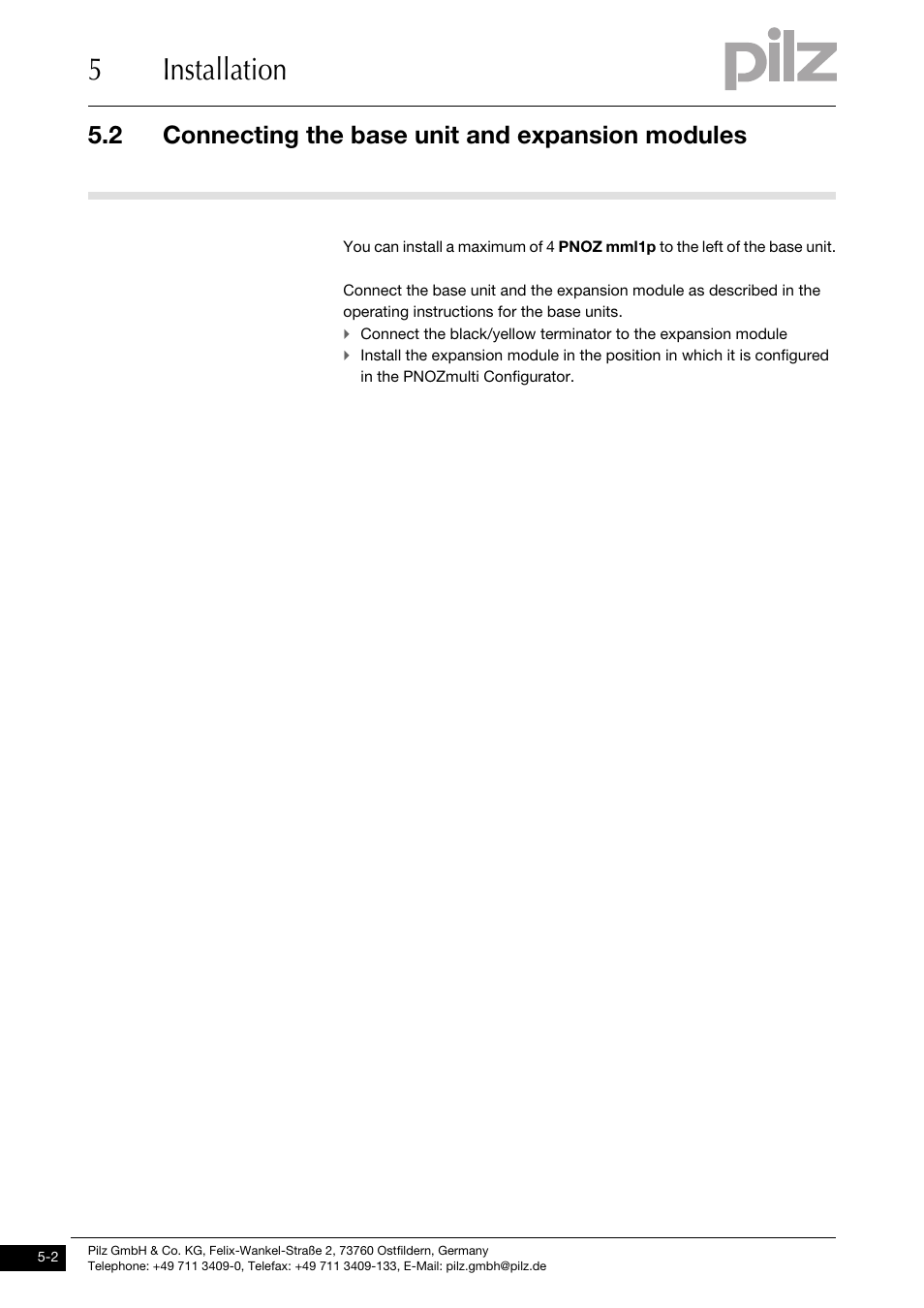 Connecting the base unit and expansion modules, 5installation, 2 connecting the base unit and expansion modules | Pilz PNOZ mml1p User Manual | Page 20 / 34