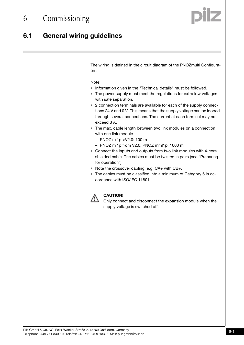 Commissioning, General wiring guidelines, 6commissioning | 1 general wiring guidelines | Pilz PNOZ mml1p User Manual | Page 21 / 34