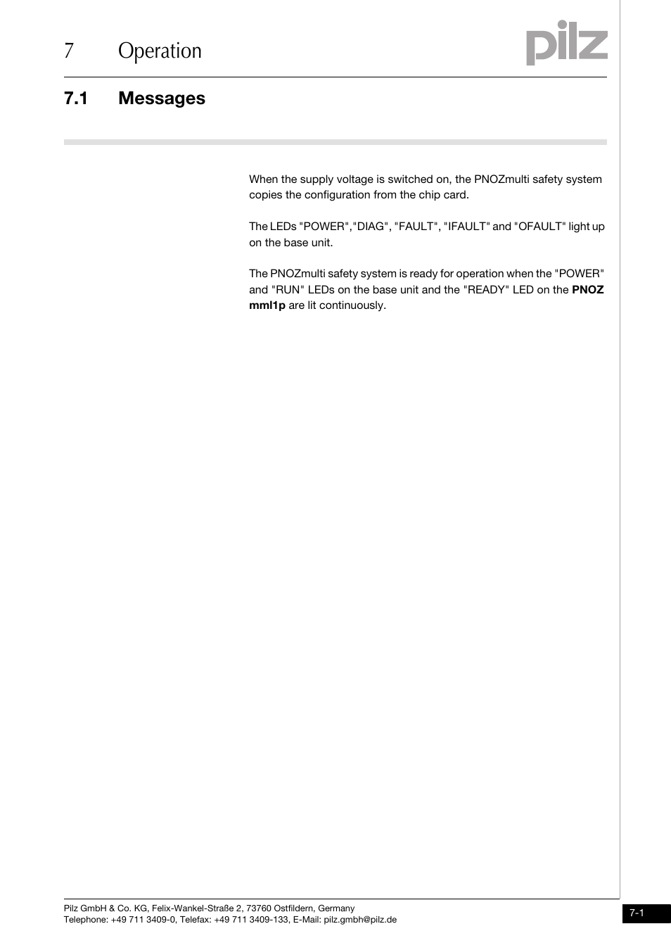 Operation, Messages, 7operation | 1 messages | Pilz PNOZ mml1p User Manual | Page 26 / 34