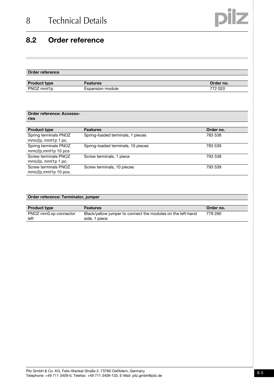 Order reference, 8technical details, 2 order reference | Pilz PNOZ mml1p User Manual | Page 32 / 34
