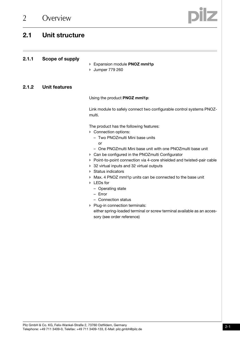 Overview, Unit structure, 1 scope of supply | 2 unit features, 2overview, 1 unit structure | Pilz PNOZ mml1p User Manual | Page 9 / 34