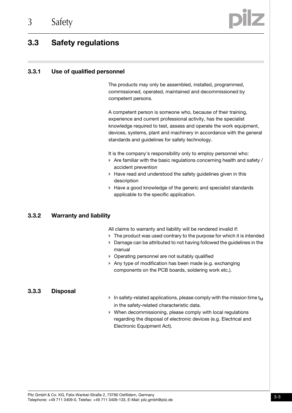 Safety regulations, 1 use of qualified personnel, 2 warranty and liability | 3 disposal, 3safety, 3 safety regulations | Pilz PNOZ mml2p User Manual | Page 13 / 33