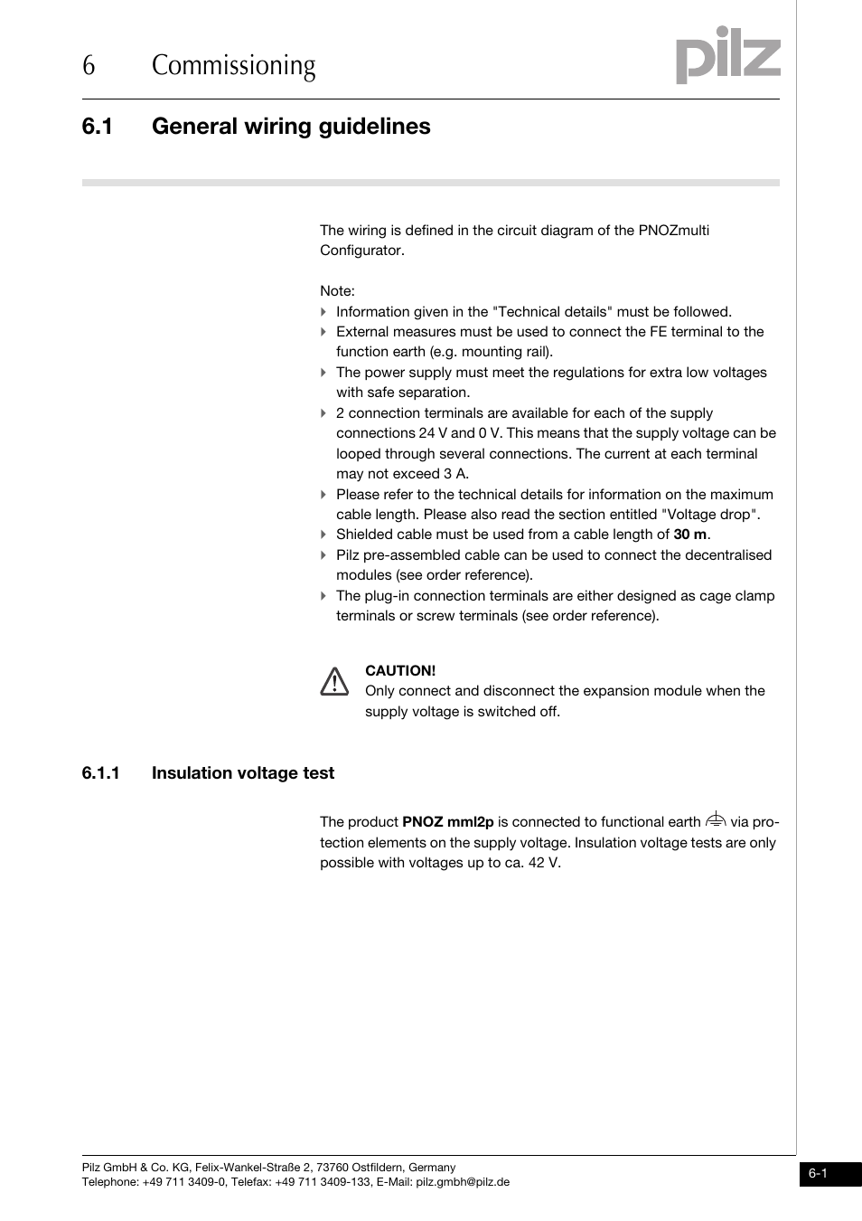 6 commissioning, General wiring guidelines, 1 insulation voltage test | 6commissioning, 1 general wiring guidelines | Pilz PNOZ mml2p User Manual | Page 19 / 33