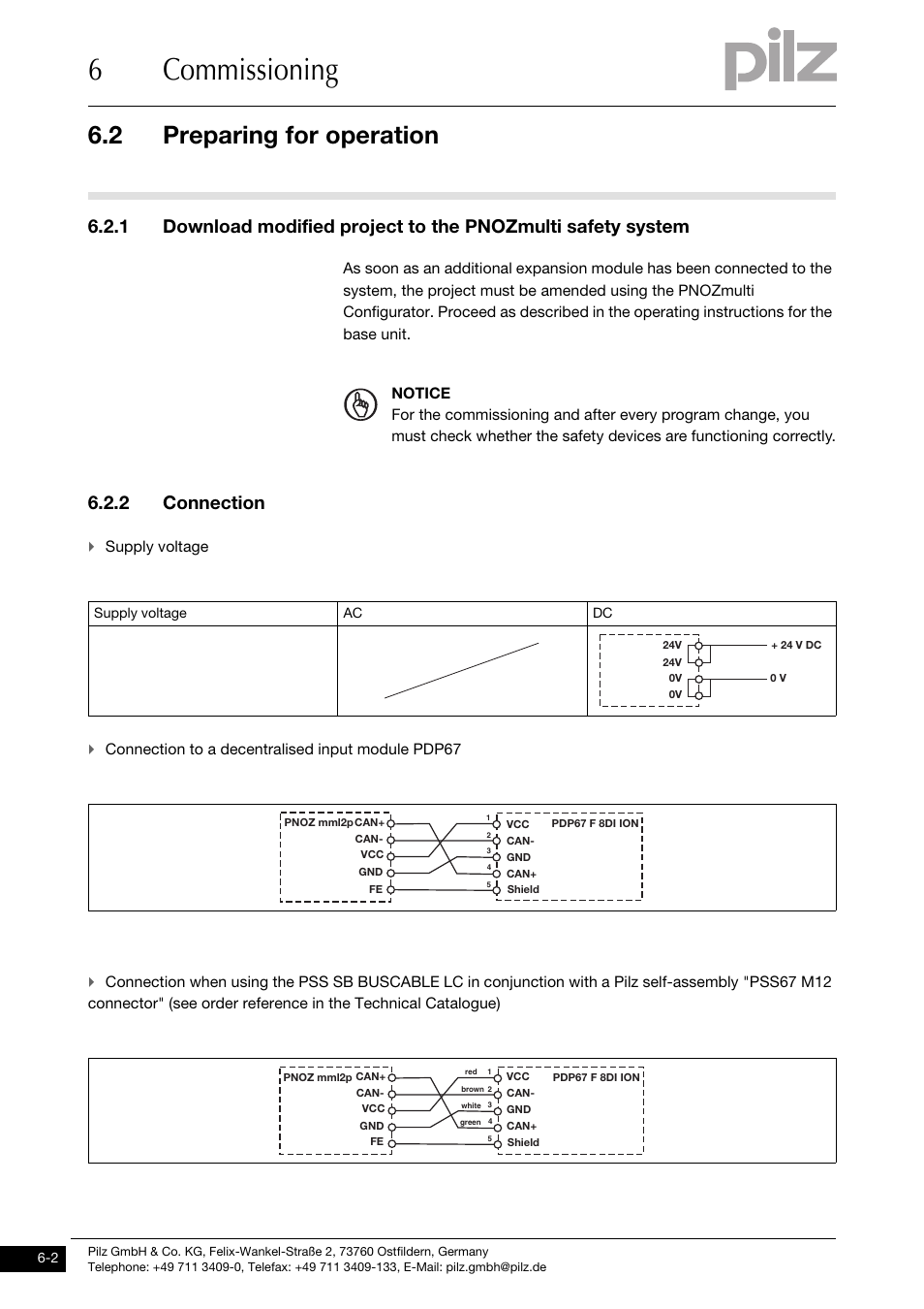 Preparing for operation, 2 connection, 6commissioning | 2 preparing for operation, Supply voltage, Connection to a decentralised input module pdp67 | Pilz PNOZ mml2p User Manual | Page 20 / 33