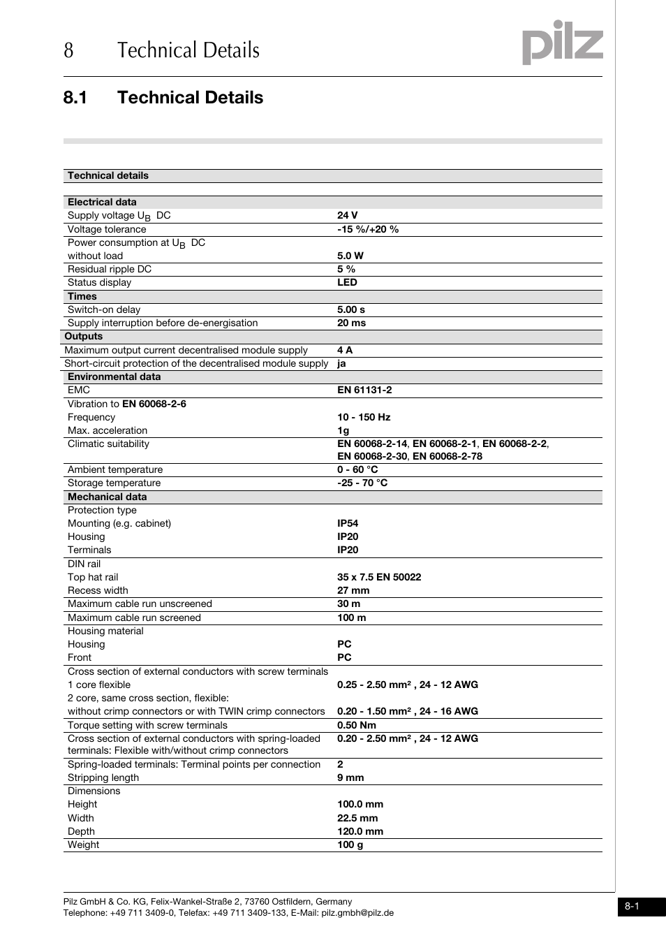 8 technical details, Technical details, 8technical details | 1 technical details | Pilz PNOZ mml2p User Manual | Page 29 / 33