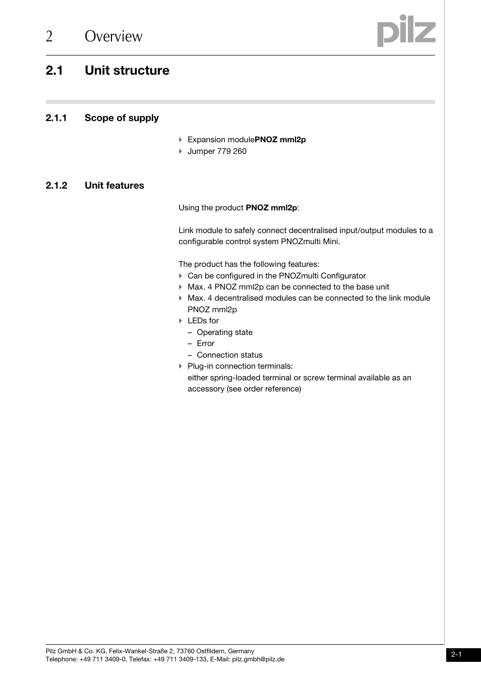 2 overview, Unit structure, 1 scope of supply | 2 unit features, 2overview, 1 unit structure | Pilz PNOZ mml2p User Manual | Page 9 / 33