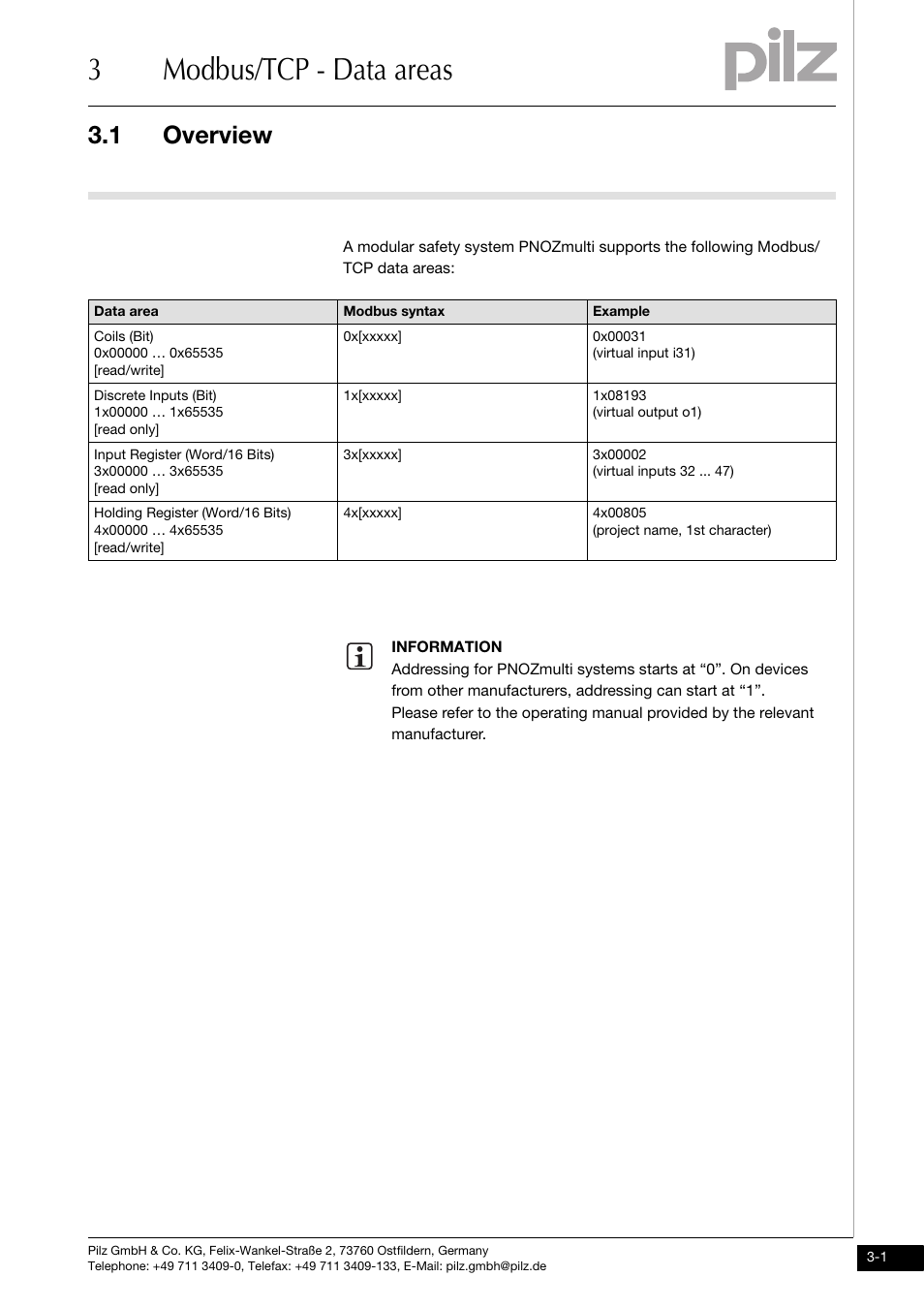 Modbus/tcp - data areas, Overview, 3modbus/tcp - data areas | 1 overview | Pilz PNOZ mmc1p ETH User Manual | Page 11 / 47