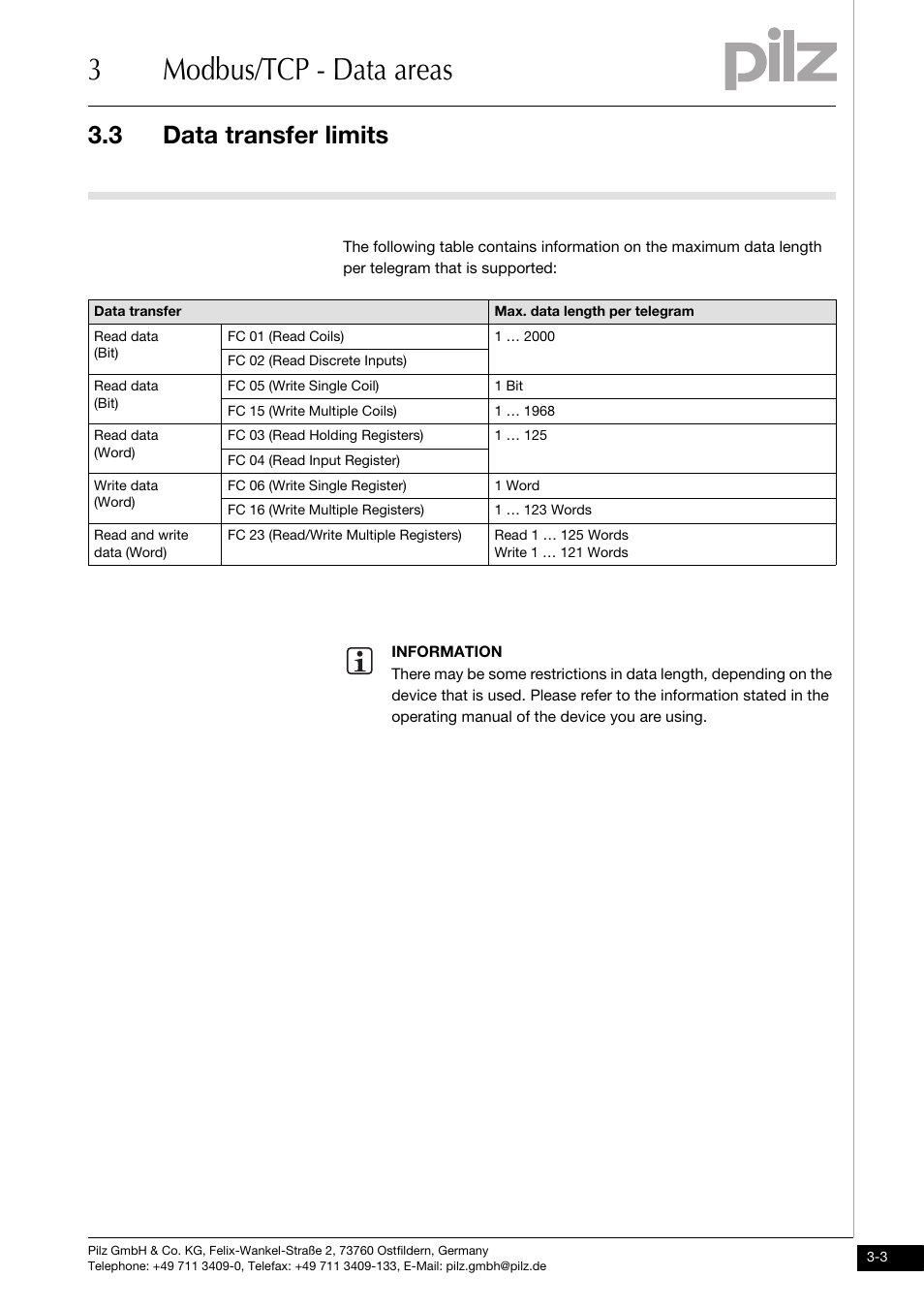 Data transfer limits, 3modbus/tcp - data areas, 3 data transfer limits | Pilz PNOZ mmc1p ETH User Manual | Page 13 / 47