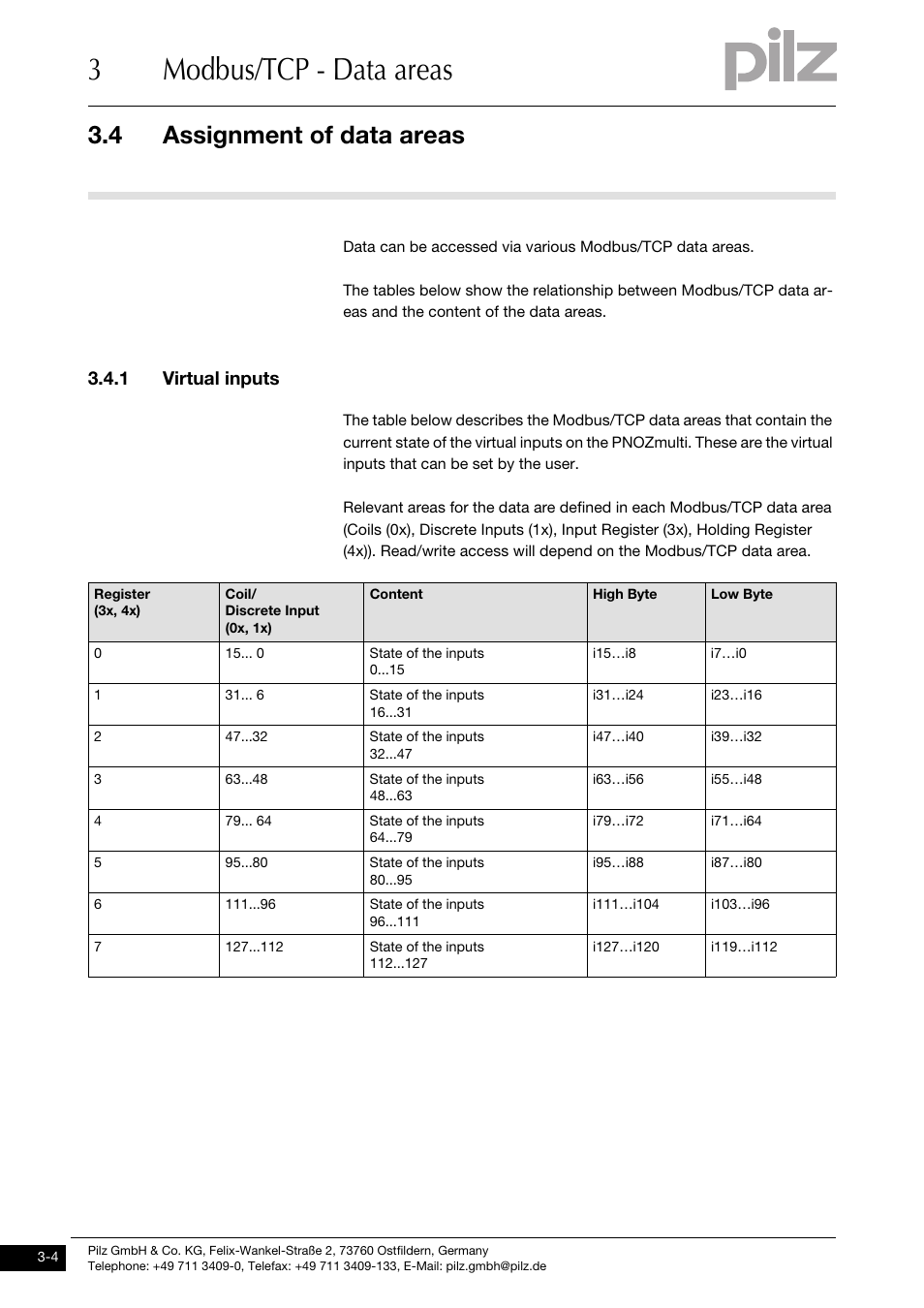 Assignment of data areas, 1 virtual inputs, 3modbus/tcp - data areas | 4 assignment of data areas | Pilz PNOZ mmc1p ETH User Manual | Page 14 / 47