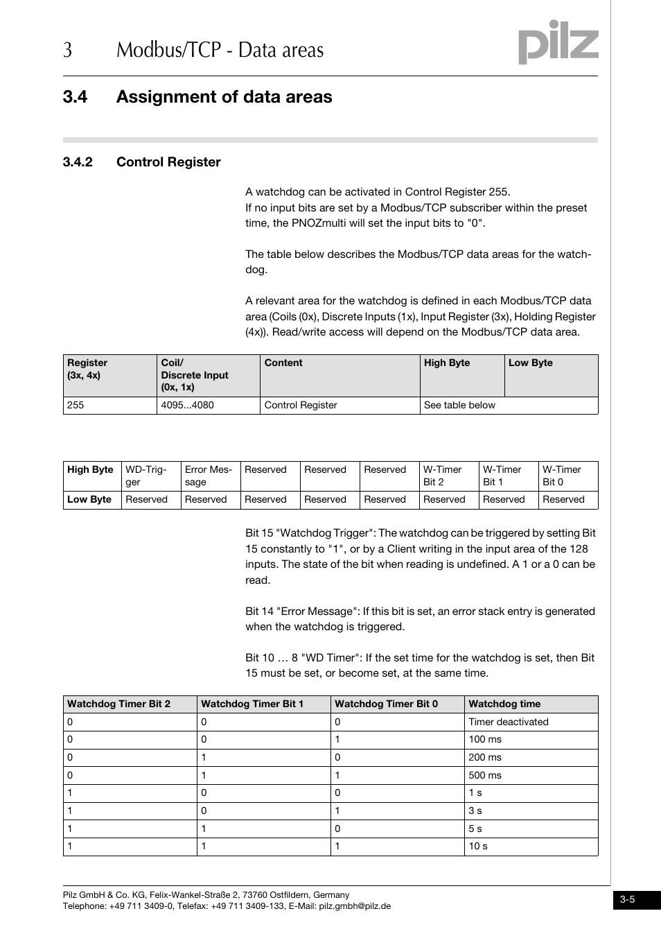 2 control register, 3modbus/tcp - data areas, 4 assignment of data areas | Pilz PNOZ mmc1p ETH User Manual | Page 15 / 47