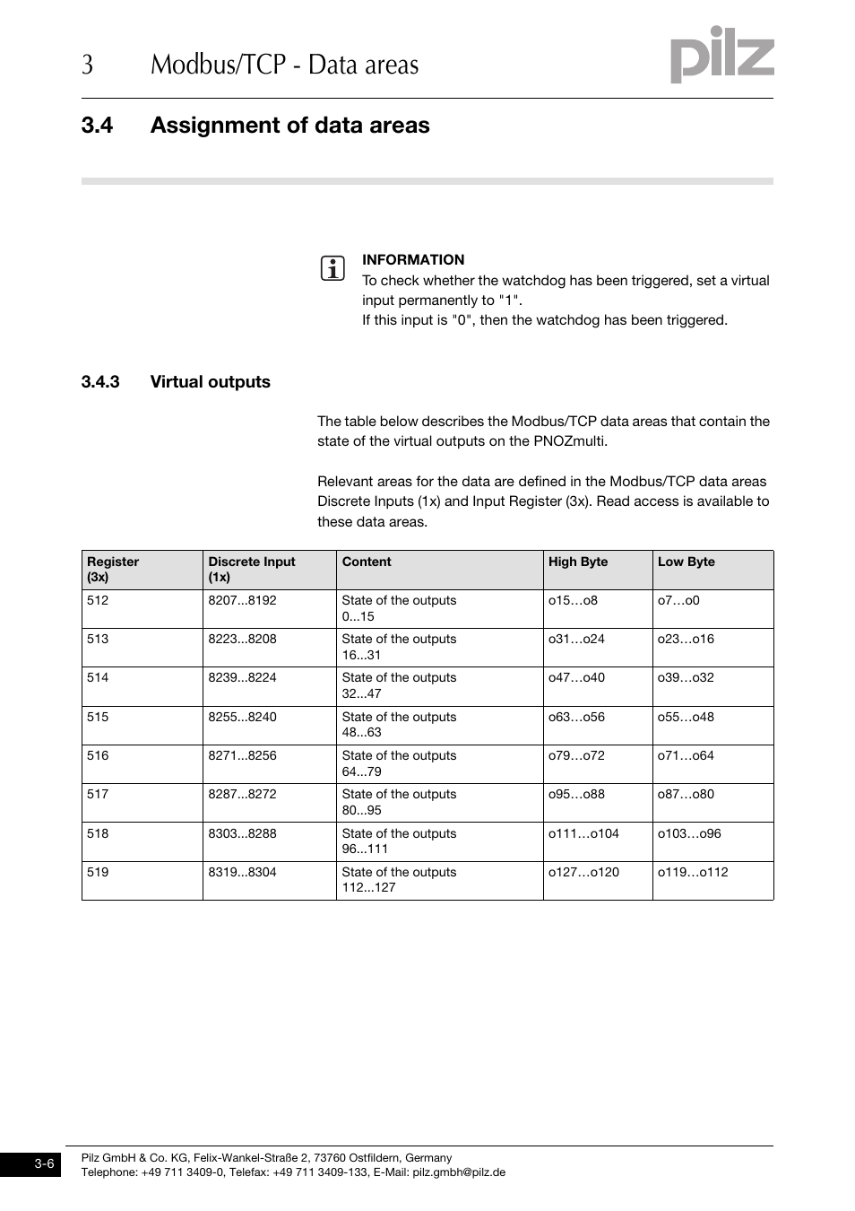 3 virtual outputs, 3modbus/tcp - data areas, 4 assignment of data areas | Pilz PNOZ mmc1p ETH User Manual | Page 16 / 47