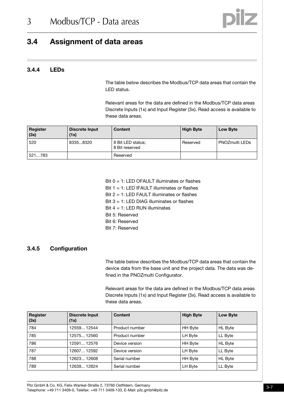 4 leds, 5 configuration, 3modbus/tcp - data areas | 4 assignment of data areas | Pilz PNOZ mmc1p ETH User Manual | Page 17 / 47