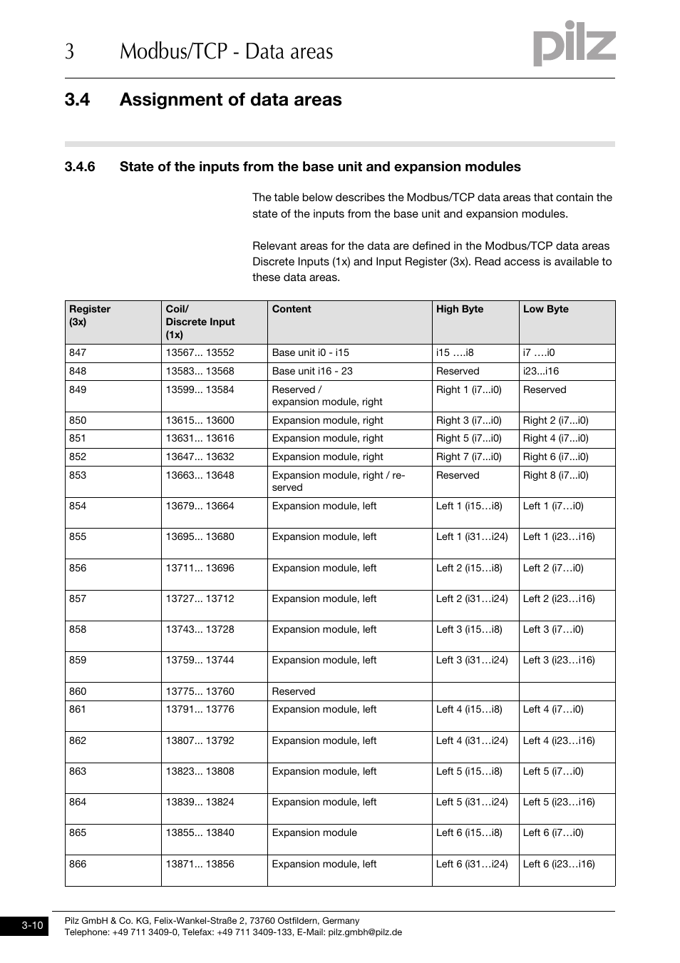 3modbus/tcp - data areas, 4 assignment of data areas | Pilz PNOZ mmc1p ETH User Manual | Page 20 / 47