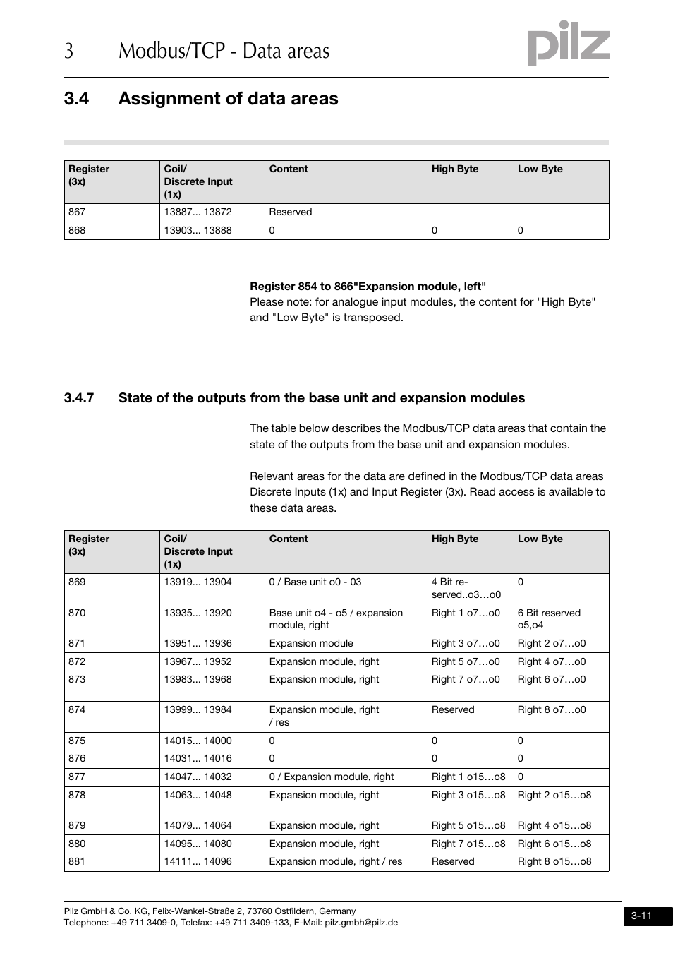 3modbus/tcp - data areas, 4 assignment of data areas | Pilz PNOZ mmc1p ETH User Manual | Page 21 / 47